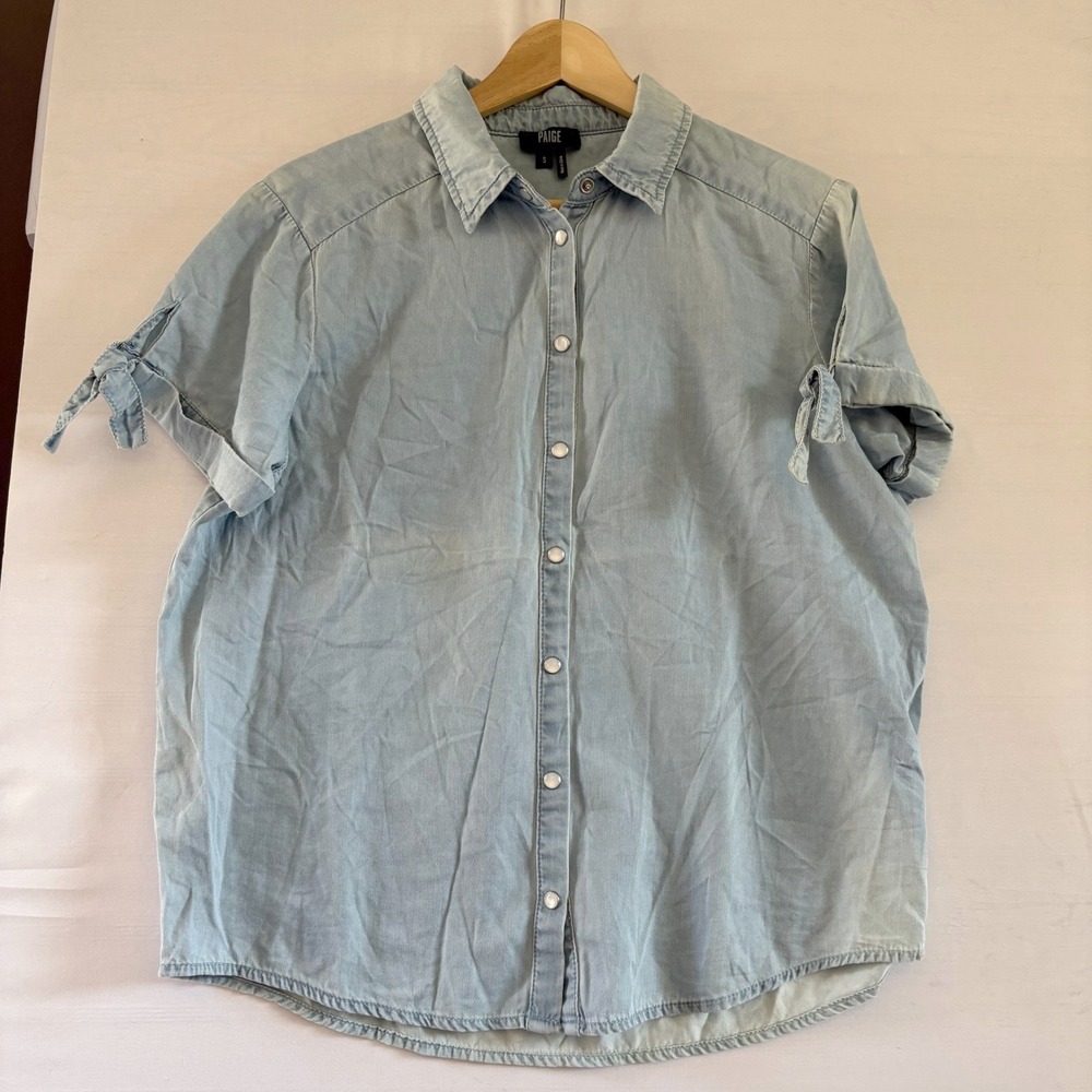PAIGE Women Light Wash Chambray Tie Sleeve Button Down Shirt Small